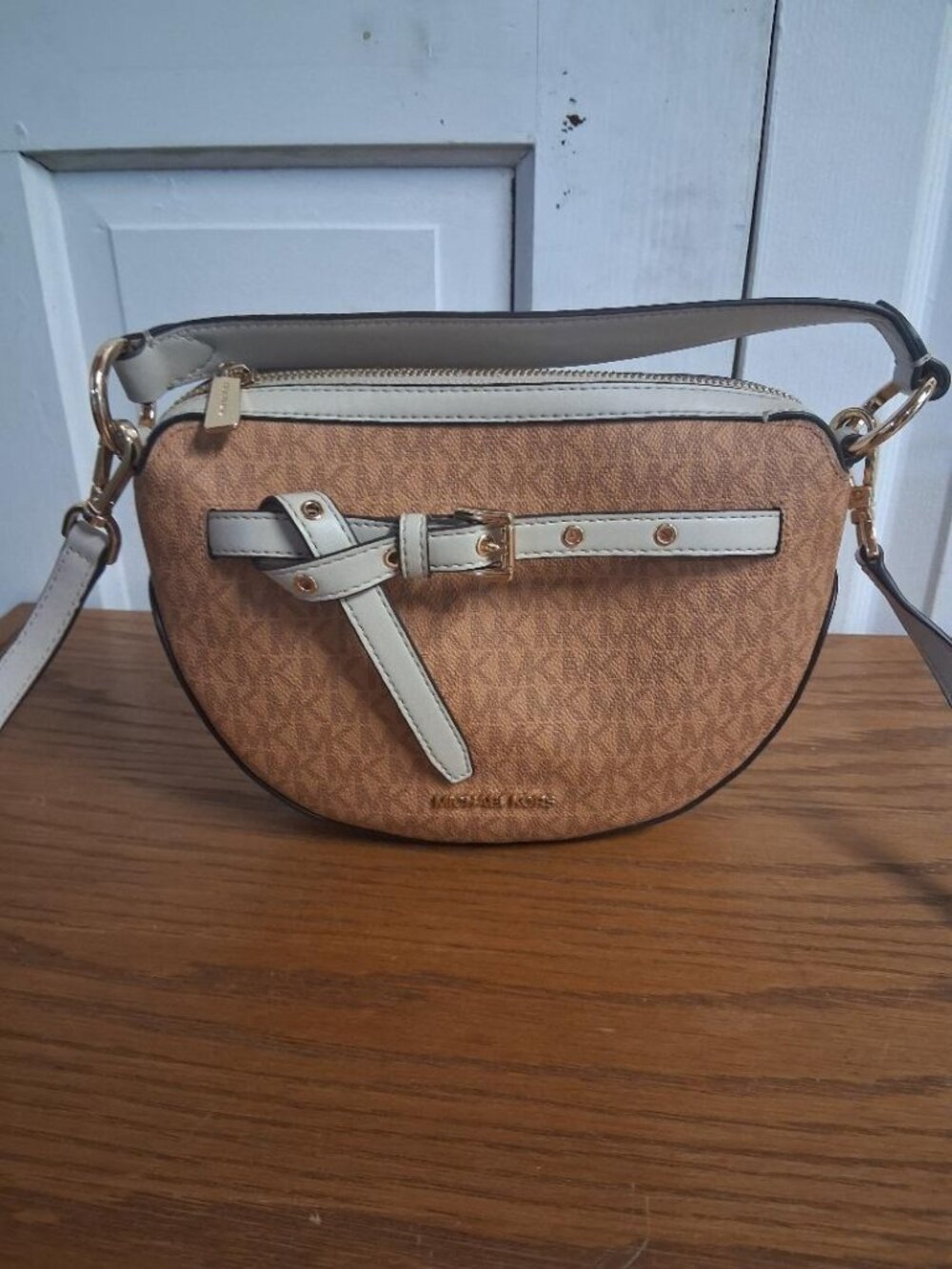 Michael Kors Brown & Cream Monogram Crossbody Bag With Adjustable Strap